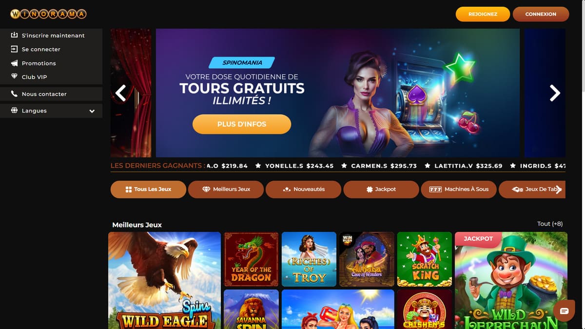 Schermata principale del casinò Winorama che mostra una selezione di slot e giochi da tavolo